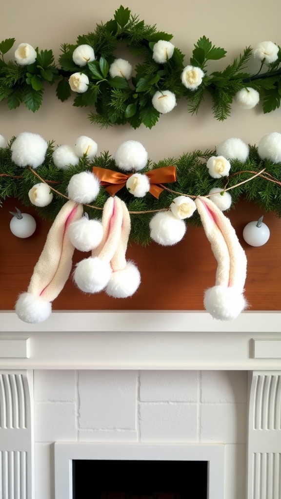 A colorful bunny tail garland made of pom-poms and pastel socks, decorated with greenery and ribbons.