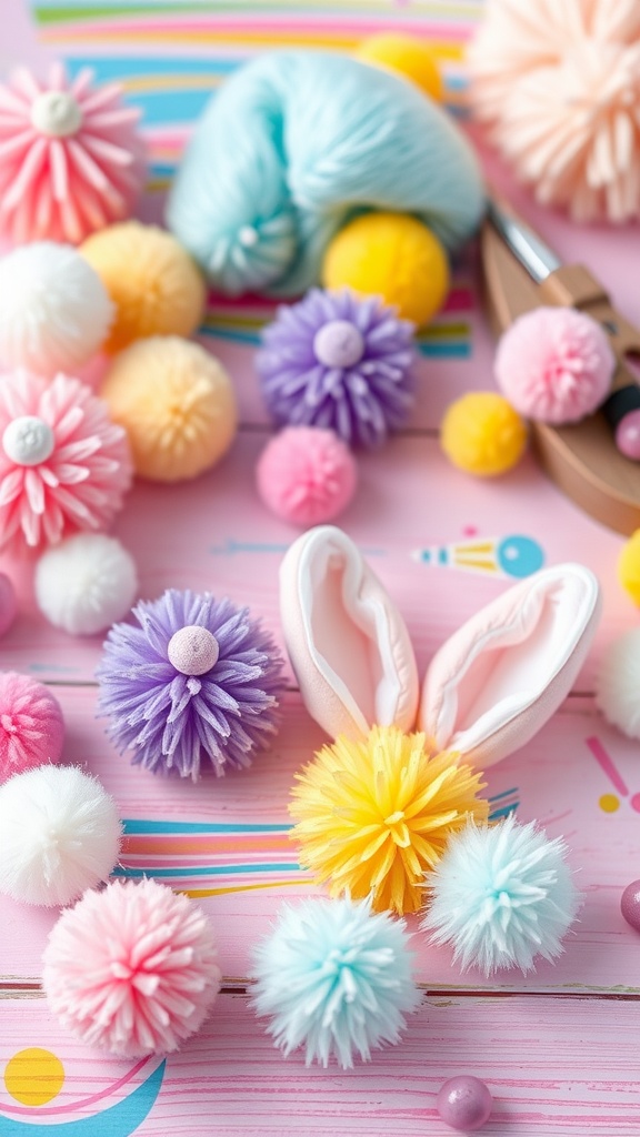 Colorful pom-poms and bunny ears on a pink surface ready for Easter crafts