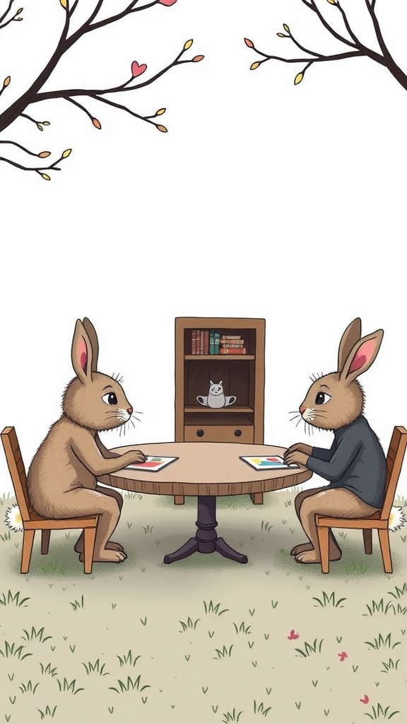 Two cartoon bunnies sitting at a table with cards, conveying messages without speaking