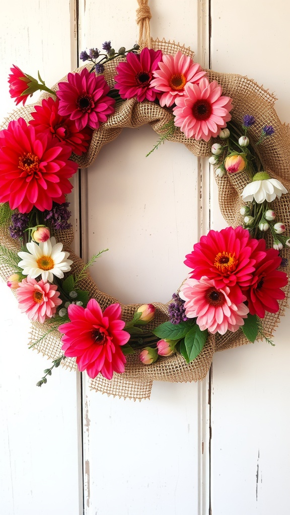 A colorful burlap wreath adorned with pink and white flowers.