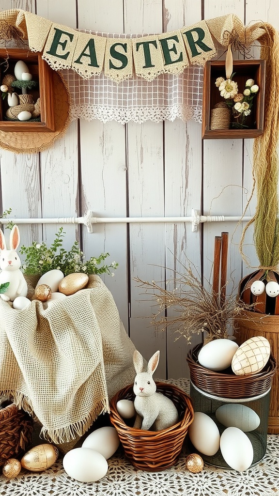 A decorative Easter display featuring burlap and lace, with baskets of eggs and a bunny figure.