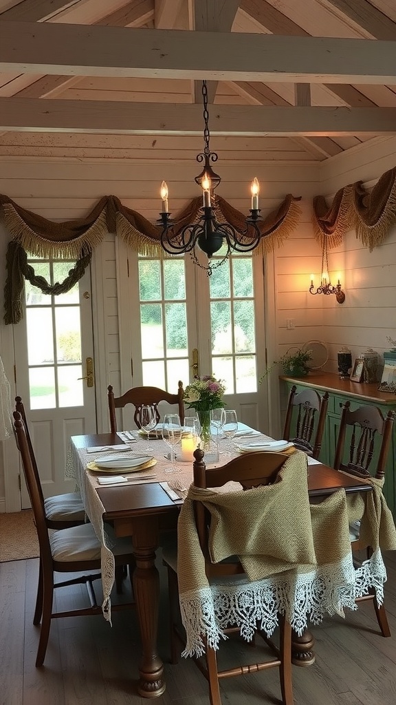 A cozy dining area decorated with burlap and lace for Easter