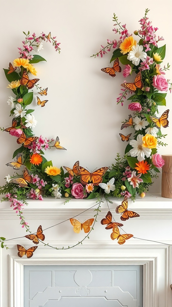 A butterfly and flower garland draped over a mantel, featuring vibrant flowers and colorful butterflies.