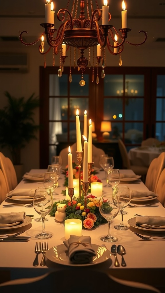 A beautifully set Easter dinner table with candlelight, greenery, and colorful eggs.