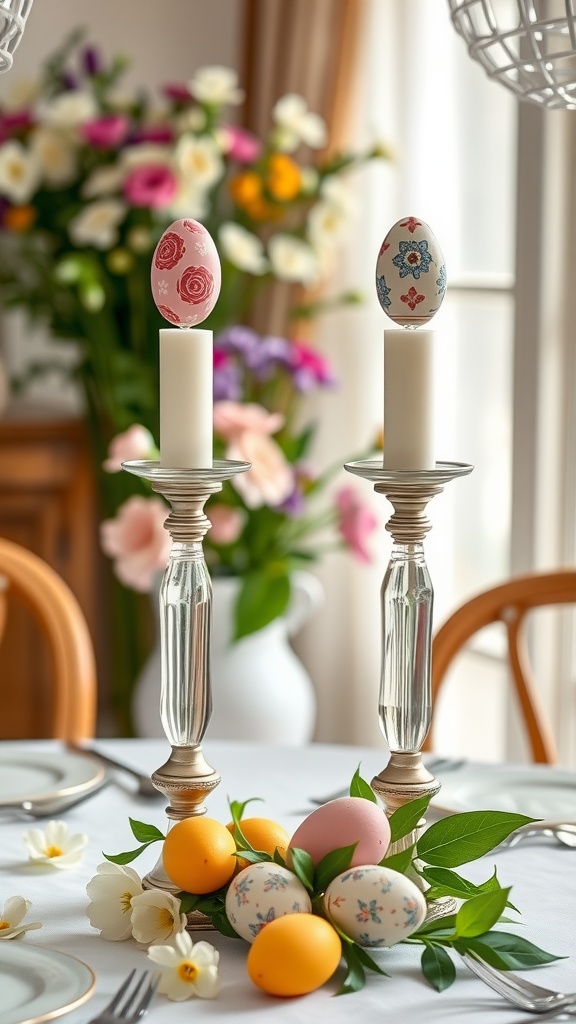 A table decorated with candlestick holders topped with painted eggs and surrounded by colorful eggs and greenery.