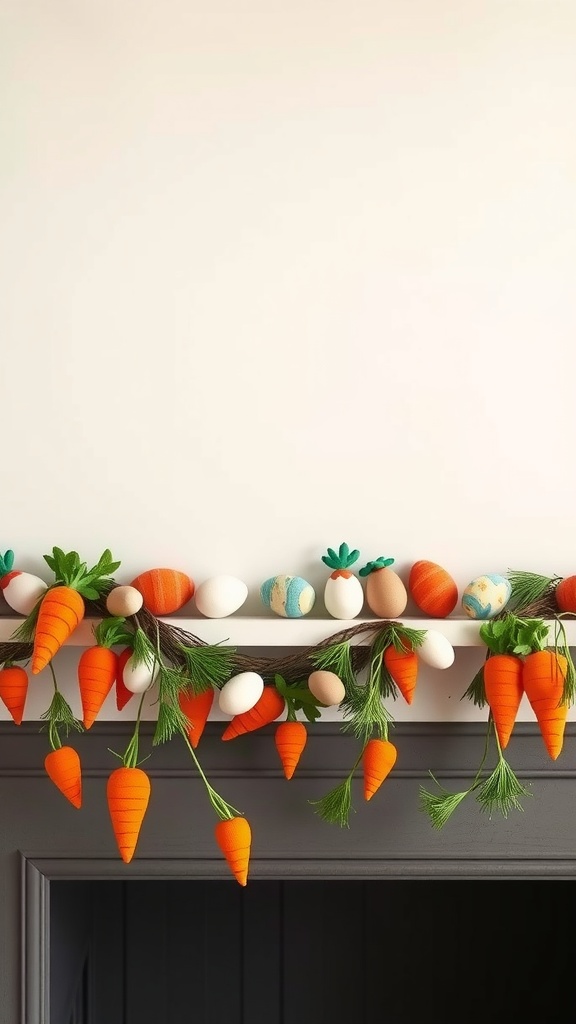 A colorful garland with orange carrots and pastel eggs, decorated with green leaves, hanging on a mantel.