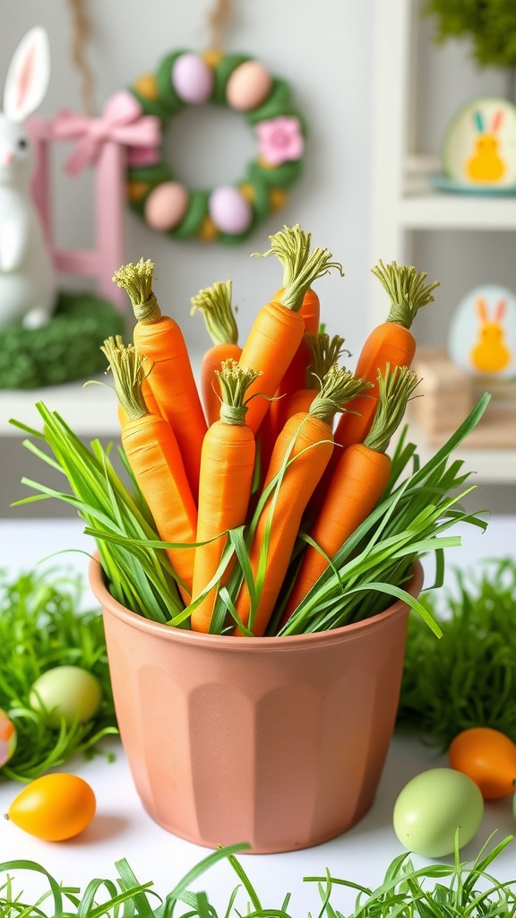 A terracotta pot filled with faux carrots and green grass, surrounded by colorful Easter eggs.