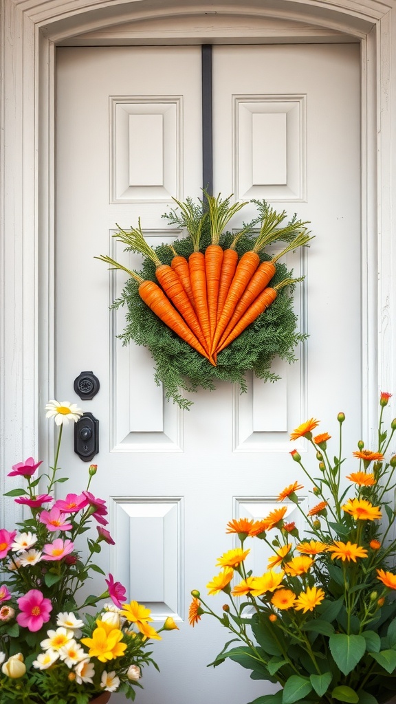 A colorful carrot patch wreath hanging on a white door, surrounded by blooming flowers.