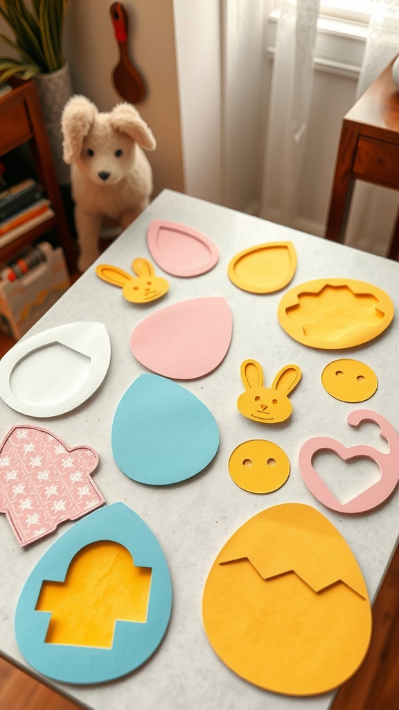 Colorful stencils in various shapes including Easter eggs and bunnies, on a table.