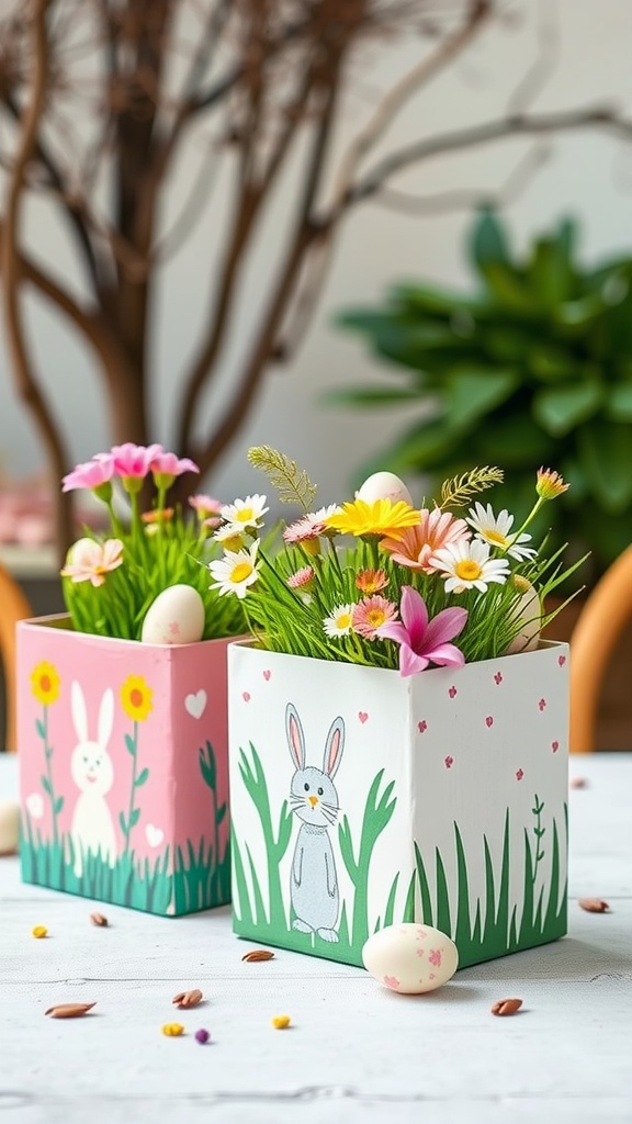 Two cereal box planters decorated for Easter, one pink with a bunny and the other white with a gray bunny, both filled with colorful flowers and surrounded by Easter eggs.