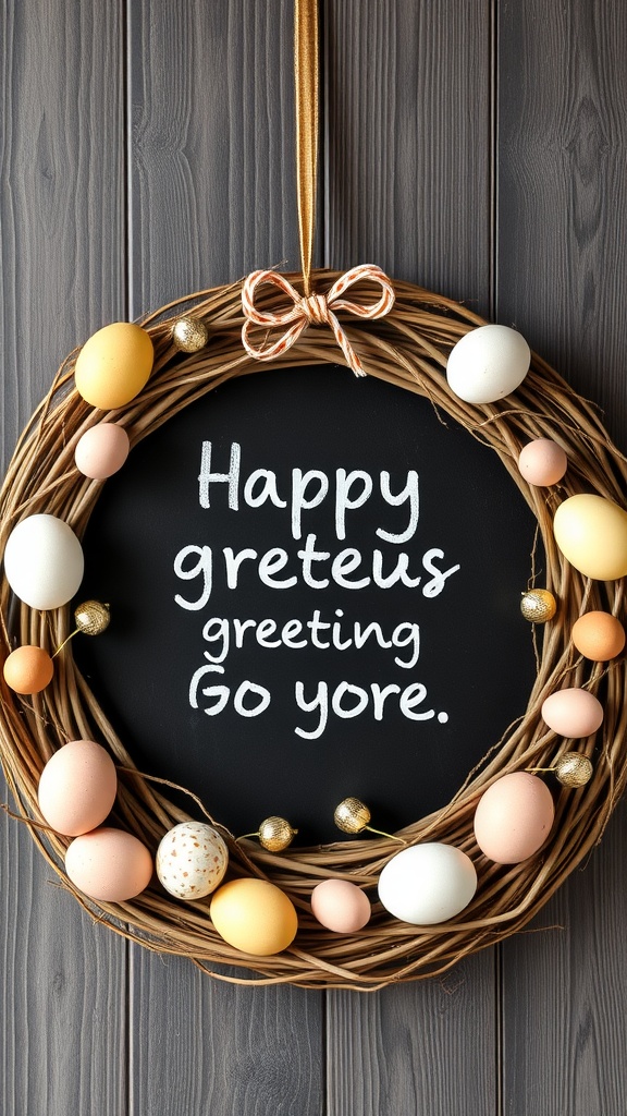 A wreath featuring a chalkboard message surrounded by colorful Easter eggs, hanging on a wooden wall.