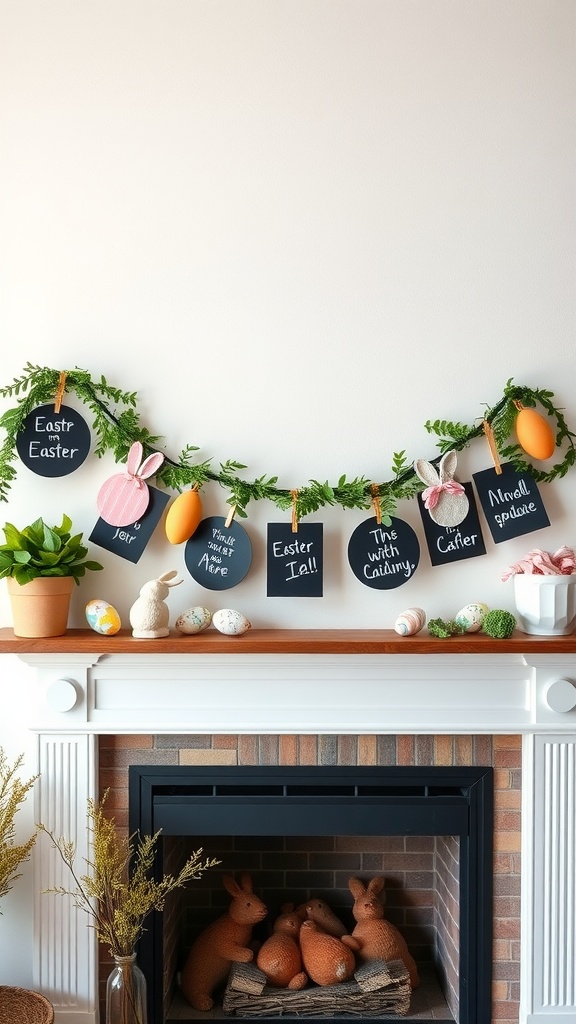 Chalkboard sign garland with Easter phrases and decorative elements on a mantel