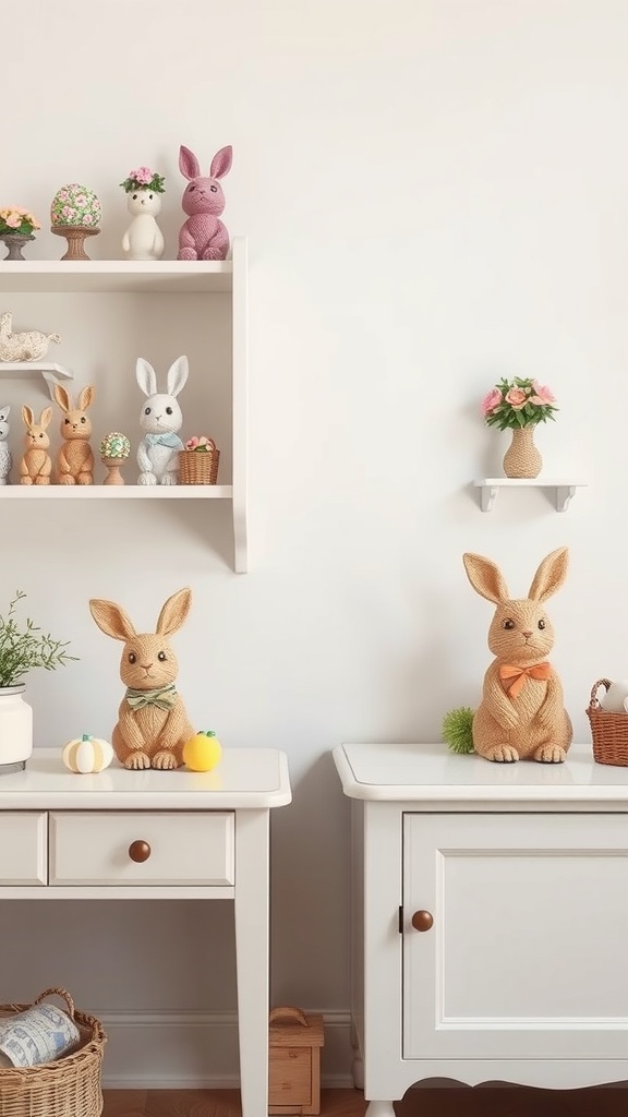 A cozy living room decorated with charming bunny figurines on shelves and tables, creating a festive Easter atmosphere.