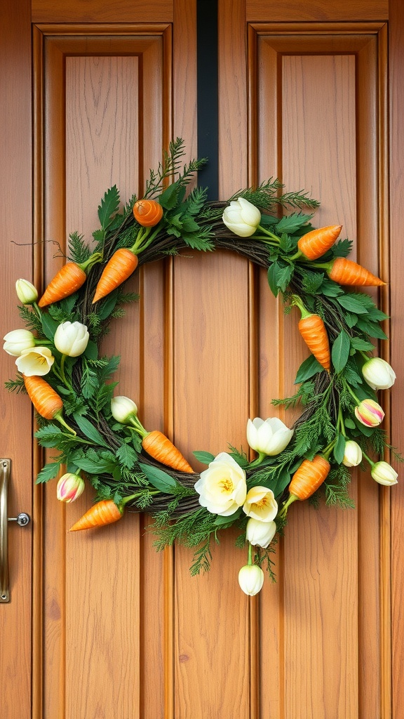 A charming wreath made of carrots and tulips hanging on a wooden door.