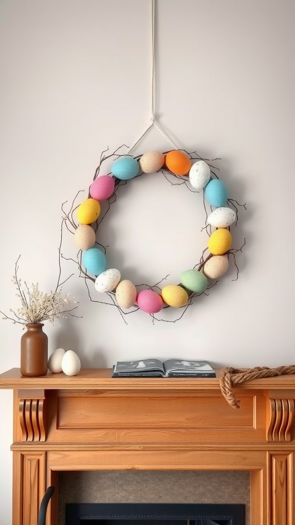 A colorful egg wreath made of pastel eggs and twigs hanging above a wooden mantel.