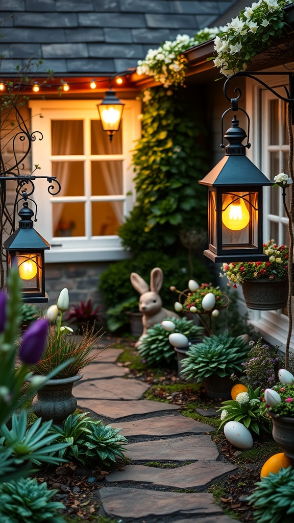 A pathway adorned with lanterns and Easter decorations, creating a cozy evening ambiance.