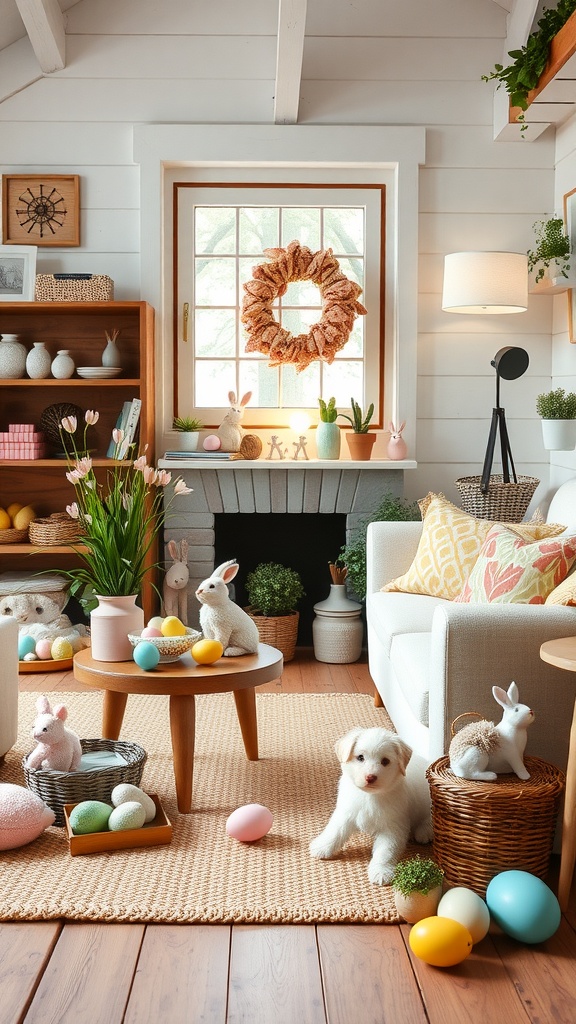 A cozy cottage decorated for Easter with a puppy and festive decor