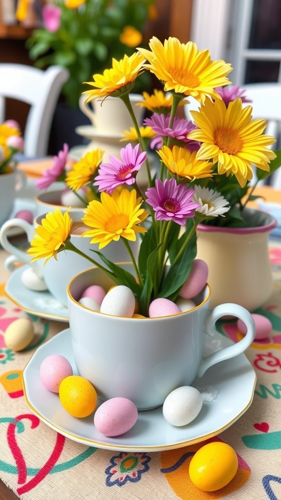 A white teacup filled with flowers and colorful eggs, creating a charming Easter centerpiece.