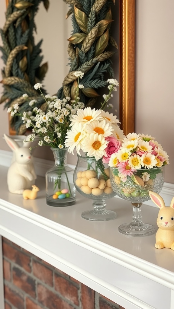 A beautifully arranged Easter mantel featuring vintage glassware with flowers, pastel candies, and bunny figurines.