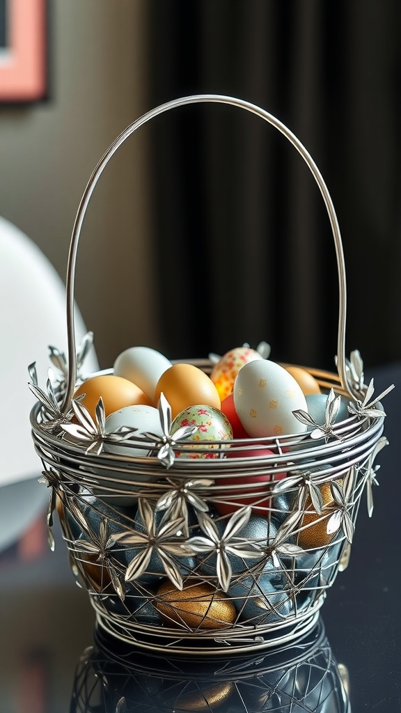 A metallic Easter basket filled with colorful eggs and intricate flower designs.