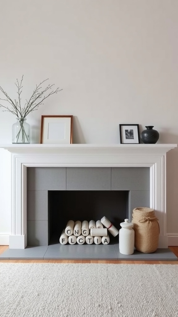 A minimalist Easter mantel featuring a vase with branches, framed art, and neatly stacked rolled towels spelling a message.