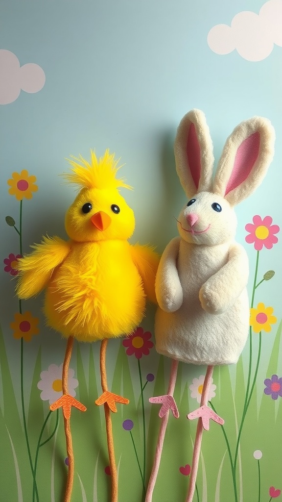 Colorful chick and bunny puppets on a floral background