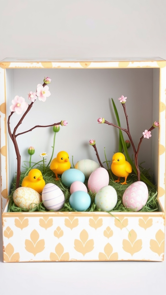 A diorama featuring yellow chicks and colorful Easter eggs in a decorative box.