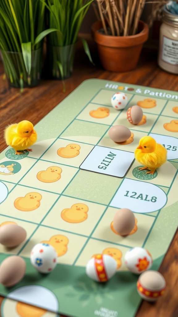 A colorful game board featuring chicks and eggs, with two yellow chick figures nearby.