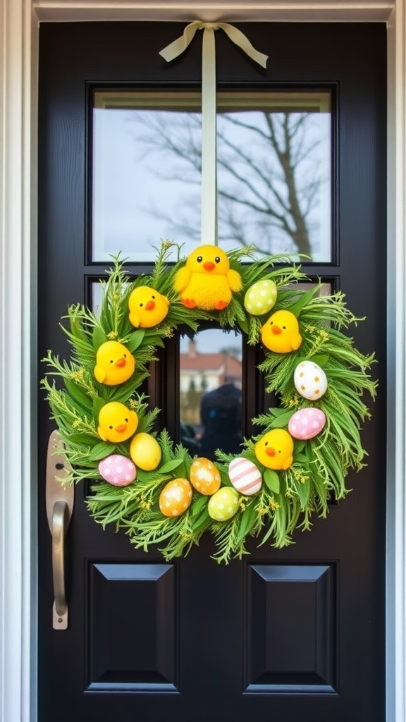 A colorful Easter wreath featuring yellow chicks and decorated eggs on a black door.