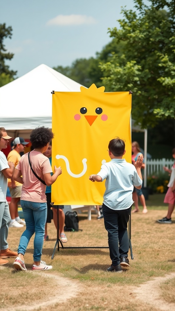 Participants enjoying the Chick Toss Game with a colorful chick backdrop