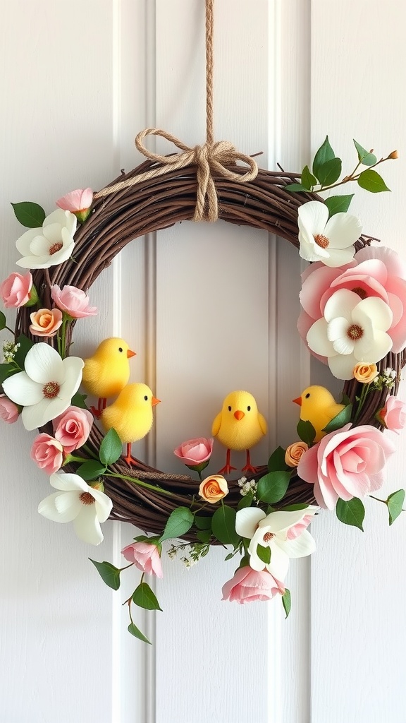 A cheerful Easter wreath featuring yellow chicks and pastel flowers.