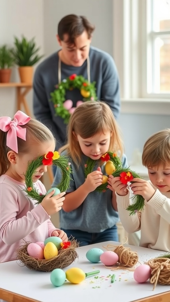 Children crafting Easter egg wreaths with an adult supervising