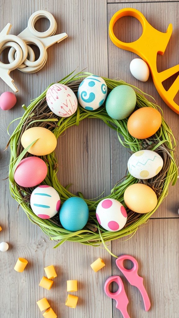 Colorful Easter egg wreath with crafting supplies