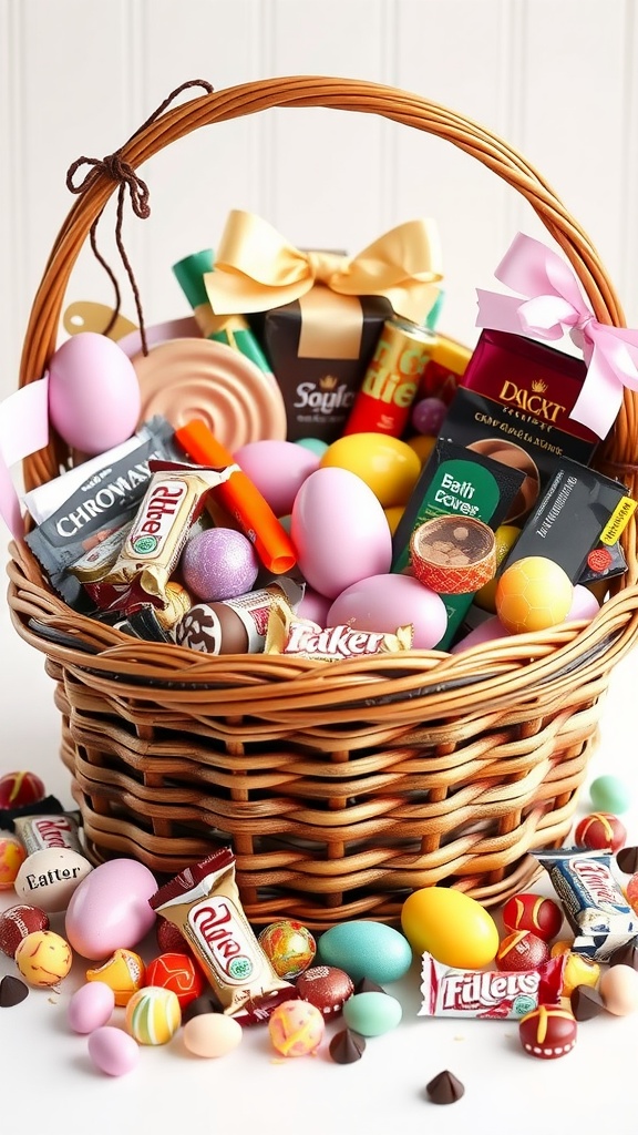 A beautifully arranged Easter basket filled with various chocolates and colorful eggs.