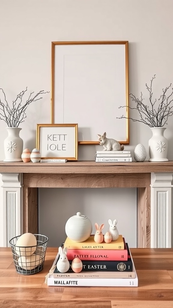 Easter mantel decor featuring stacked coffee table books, decorative bunnies, and vases.