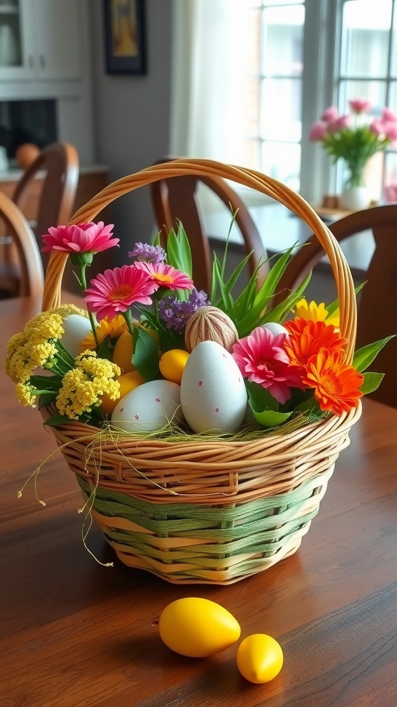 A colorful Easter basket centerpiece filled with flowers and painted eggs, placed on a wooden table.