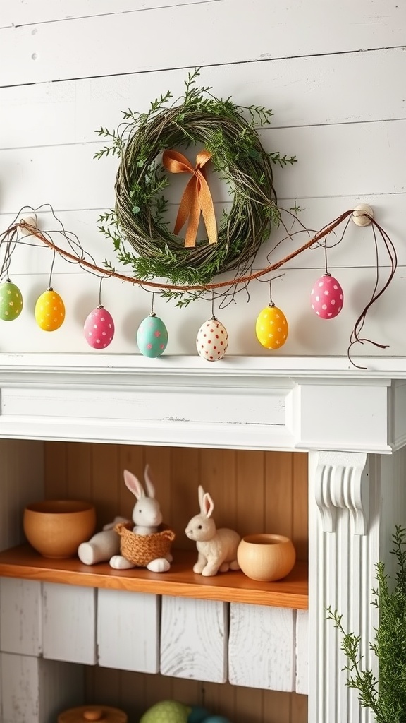 Colorful Easter egg garland hanging above a wreath on a white wall, with decorative bunnies on a shelf below.