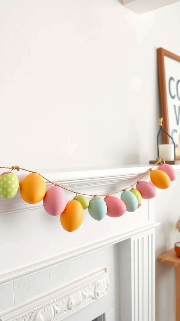 Colorful egg garland hanging on a white mantel, featuring pastel-colored eggs.