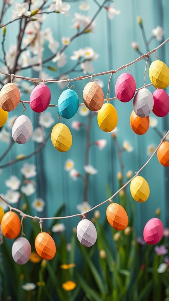 A vibrant egg garland decoratively strung with colorful eggs, surrounded by flowers and greenery.