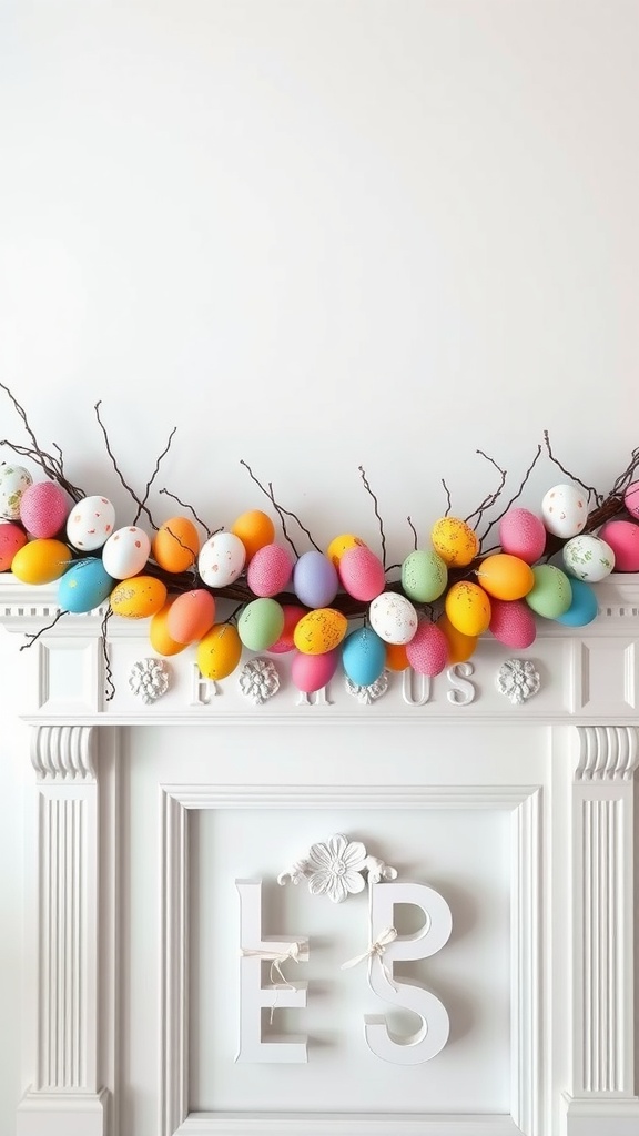 Colorful egg garland with pastel and speckled eggs arranged on a white mantel.