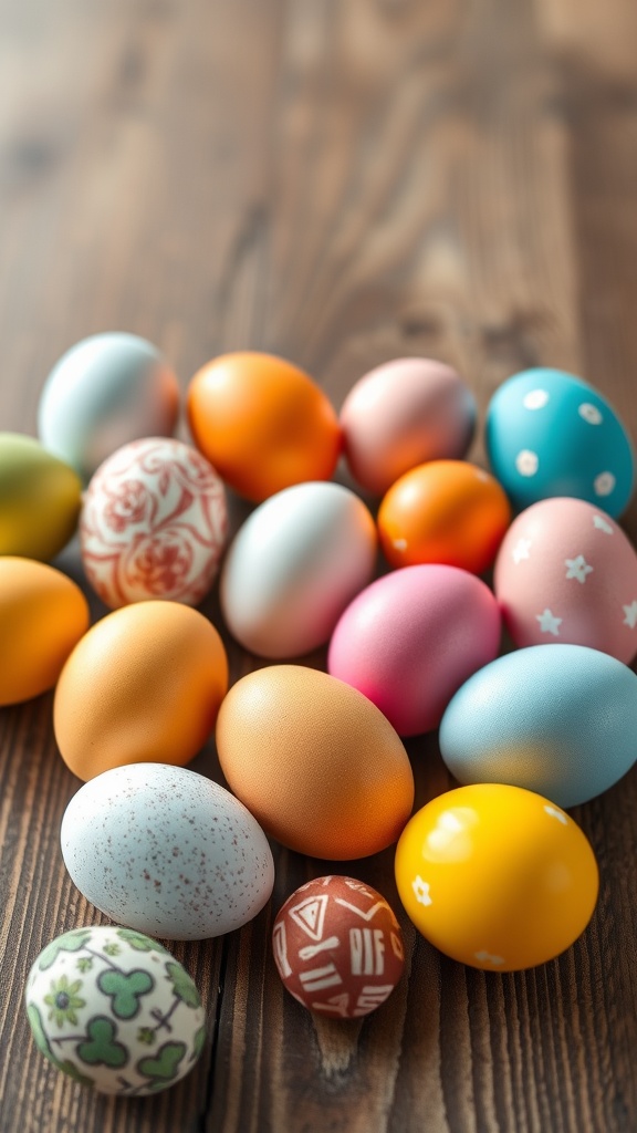 A variety of colorful Easter eggs arranged on a wooden surface.