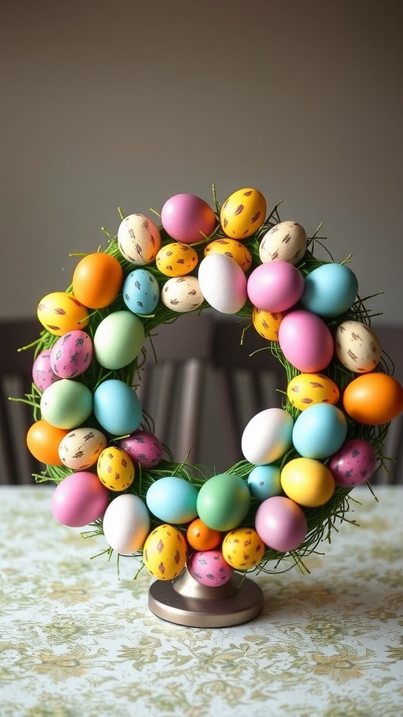 A colorful wreath made of decorated Easter eggs in various pastel colors, displayed on a stand.