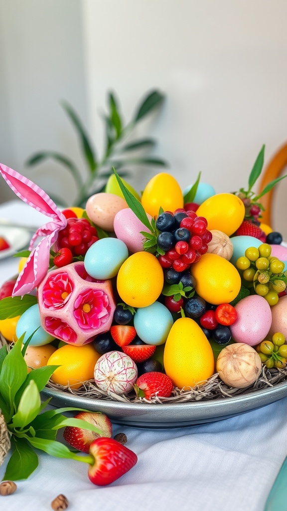 A colorful Easter centerpiece featuring various fruits and decorative eggs arranged on a plate.