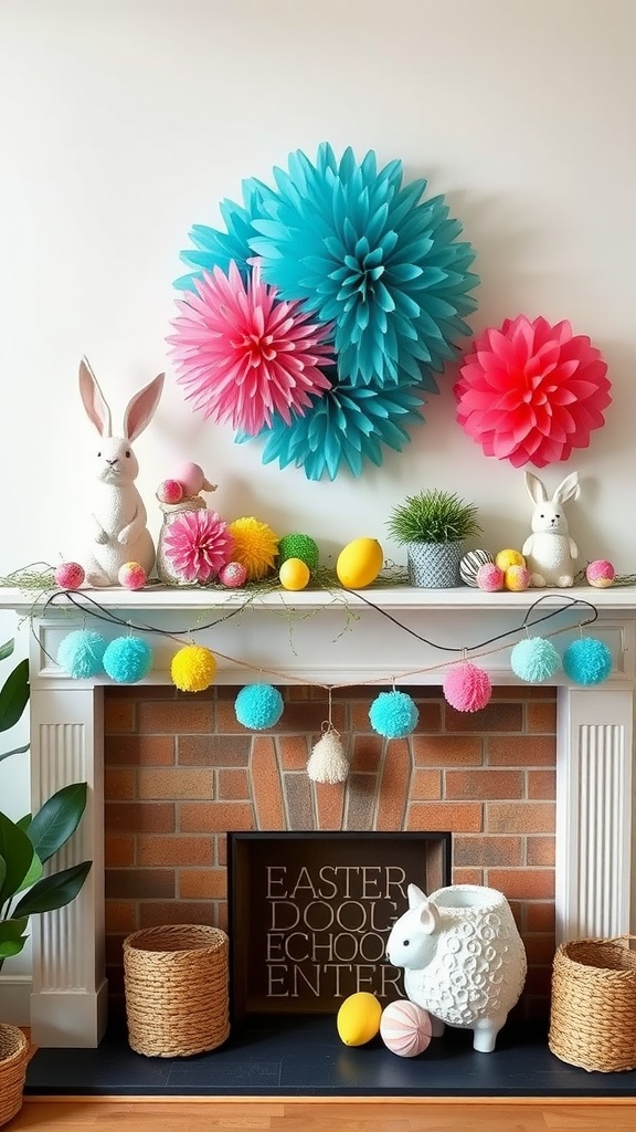 A beautifully decorated Easter mantel with colorful paper pom-poms in teal and pink, featuring bunnies and eggs.