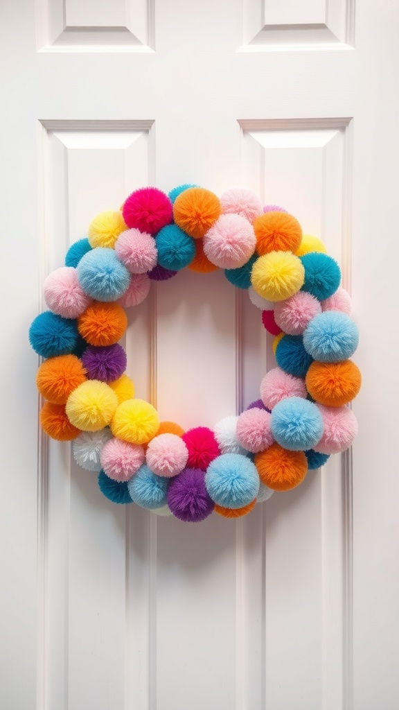 A colorful pompom wreath hanging on a white door, featuring vibrant pom-poms in various colors.