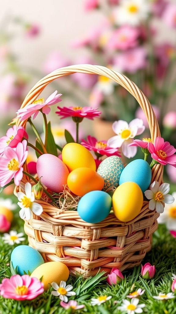 A woven basket filled with colorful Easter eggs and surrounded by flowers.