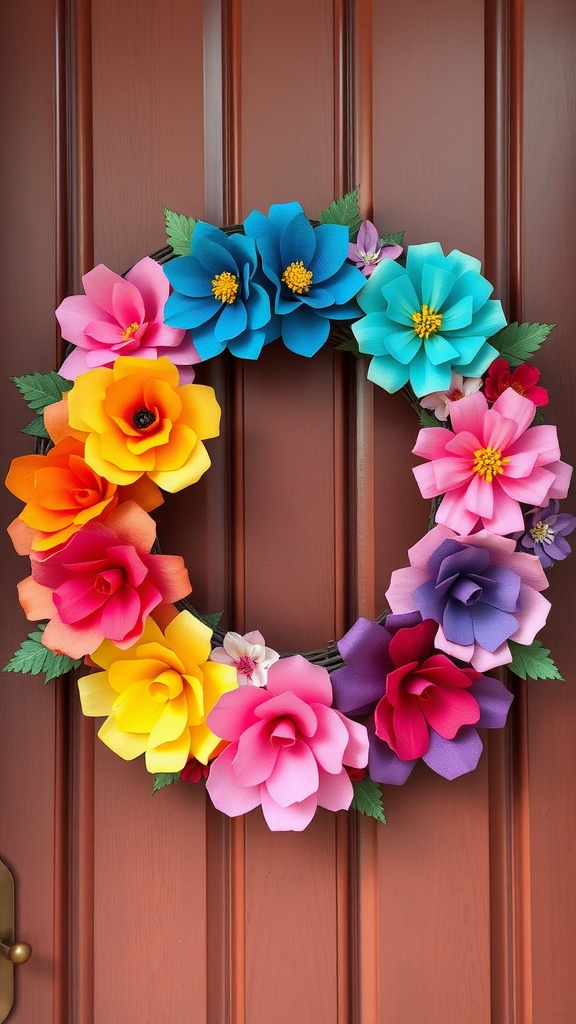 Colorful tissue paper wreath with various flowers in pink, blue, yellow, and purple hanging on a dark brown door.