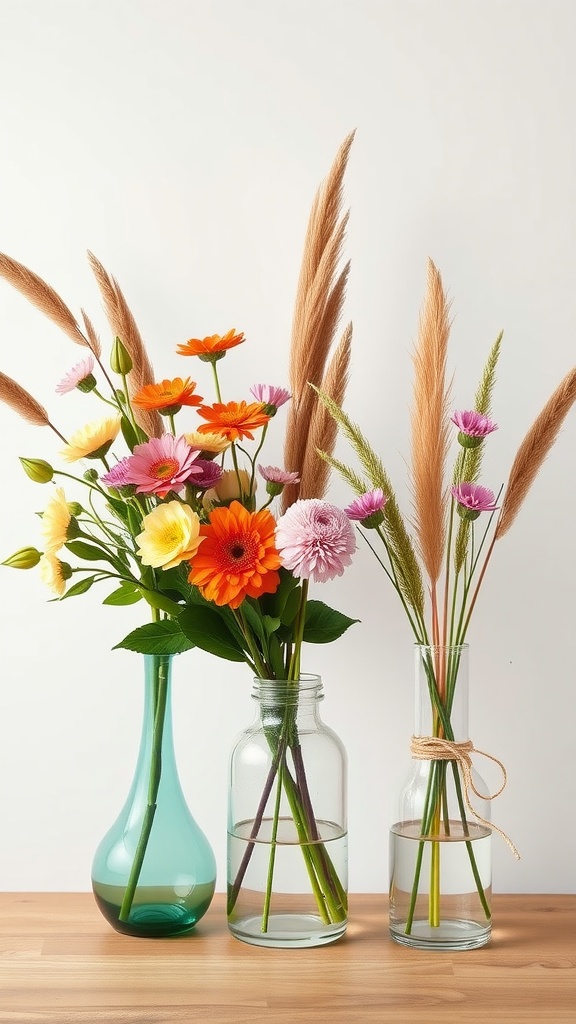 A stylish display of contemporary floral arrangements in various vases.