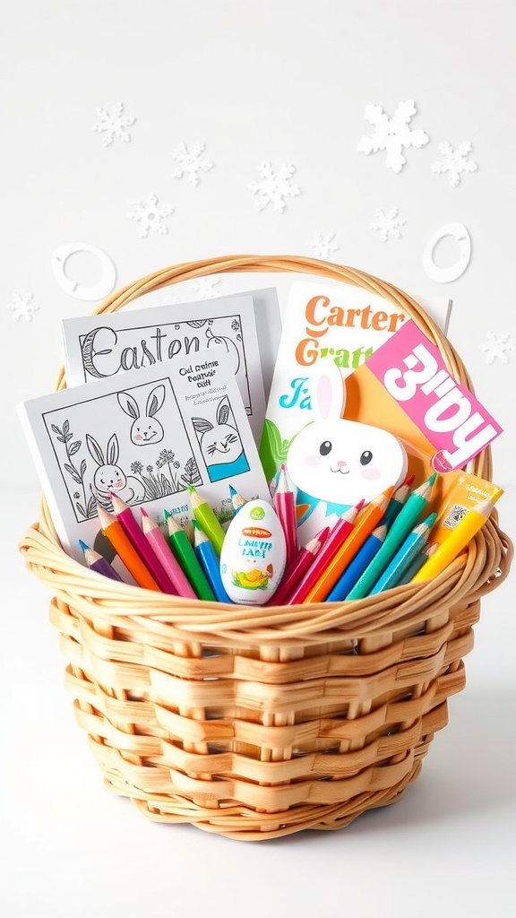 A basket filled with colorful art supplies, including crayons, colored pencils, and Easter-themed coloring pages.