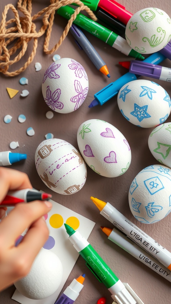 A creative workspace showing colorful markers and hand-decorated eggs for Easter wreath DIY.